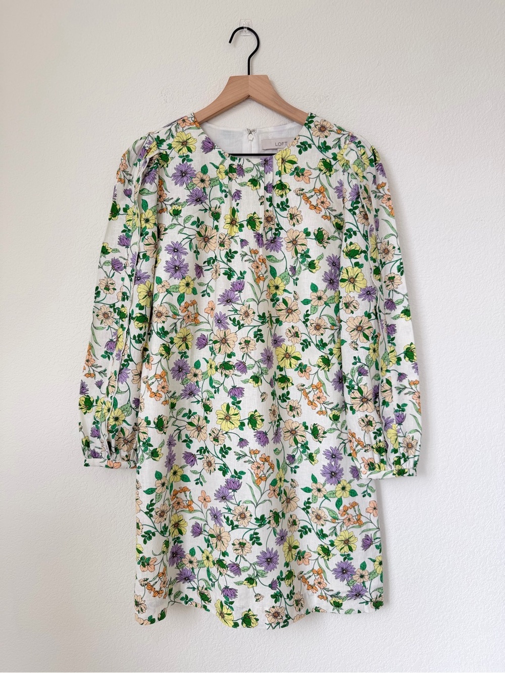 LOFT Floral Long Sleeve Shift Dress Linen Blend Size 8 Petite NWT - Picture 4 of 13